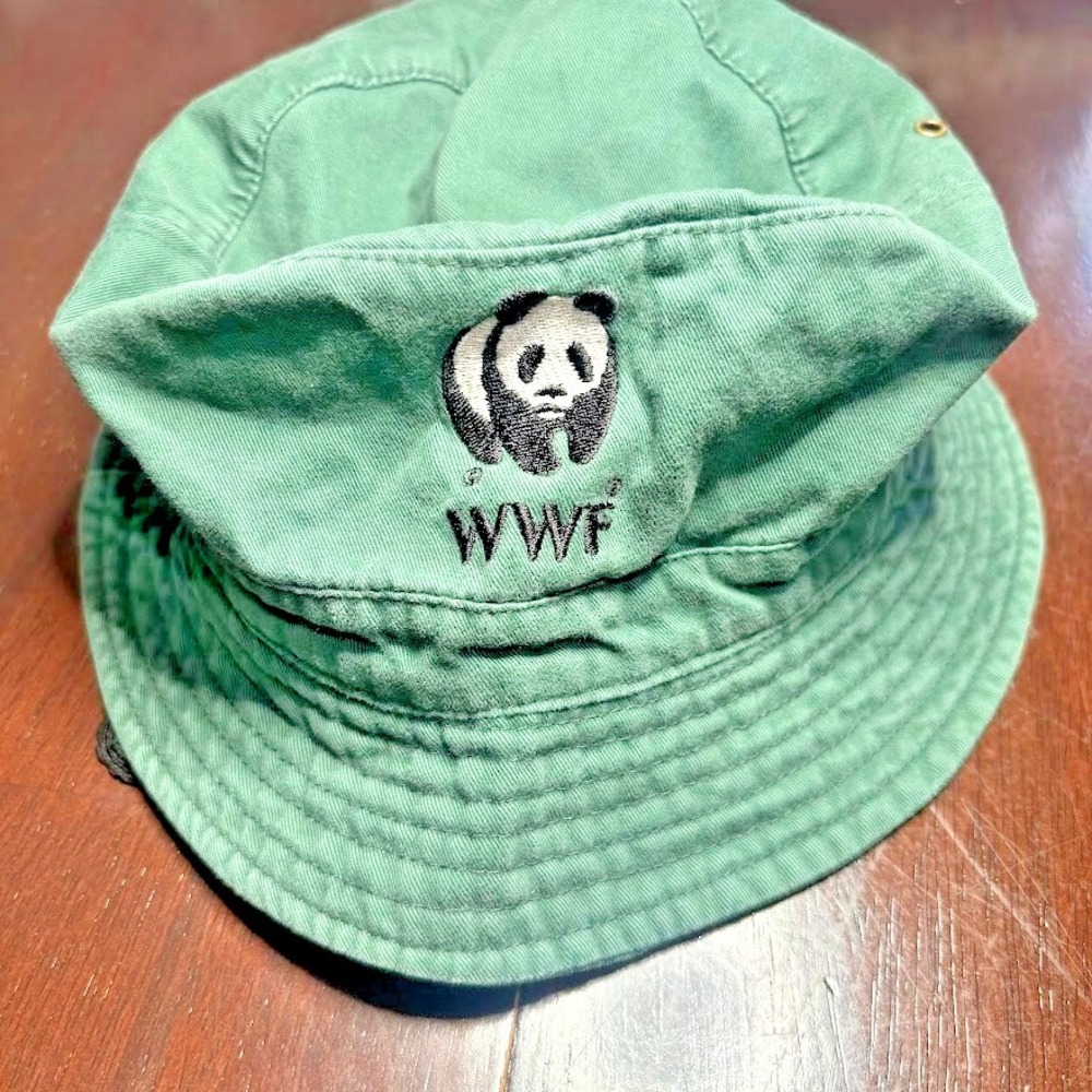 WWF World Wildlife Fund Panda Logo Bucket Hat Green Cotton Chin Strap‎ Vintage